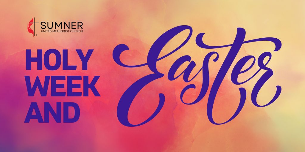 Orange, purple, yellow watercolor banner that says the words Holy Week and Easter in decorative font.